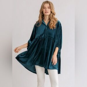 Umgee velvet button up baby doll tunic blouse teal size M high low top , holiday